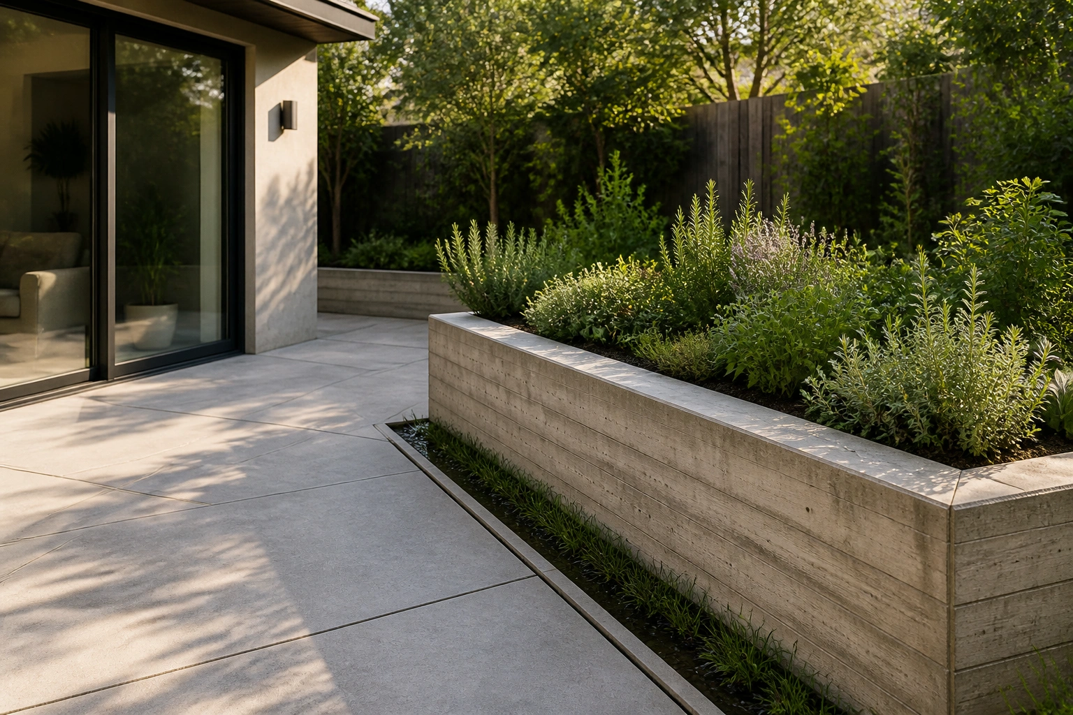 Board-formed concrete herb planter framing a small terrace with textured wood-grain walls.