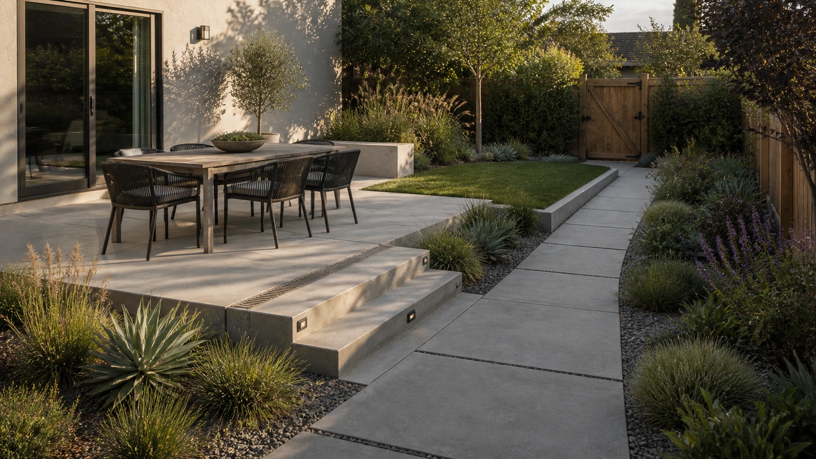 Compact backyard concrete terrace laid out for accessible, step-free circulation.