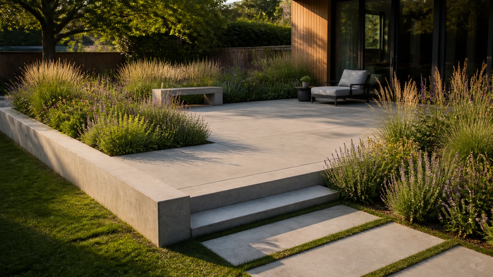 Concrete border containing a matrix of native grasses for a low-input planting scheme.