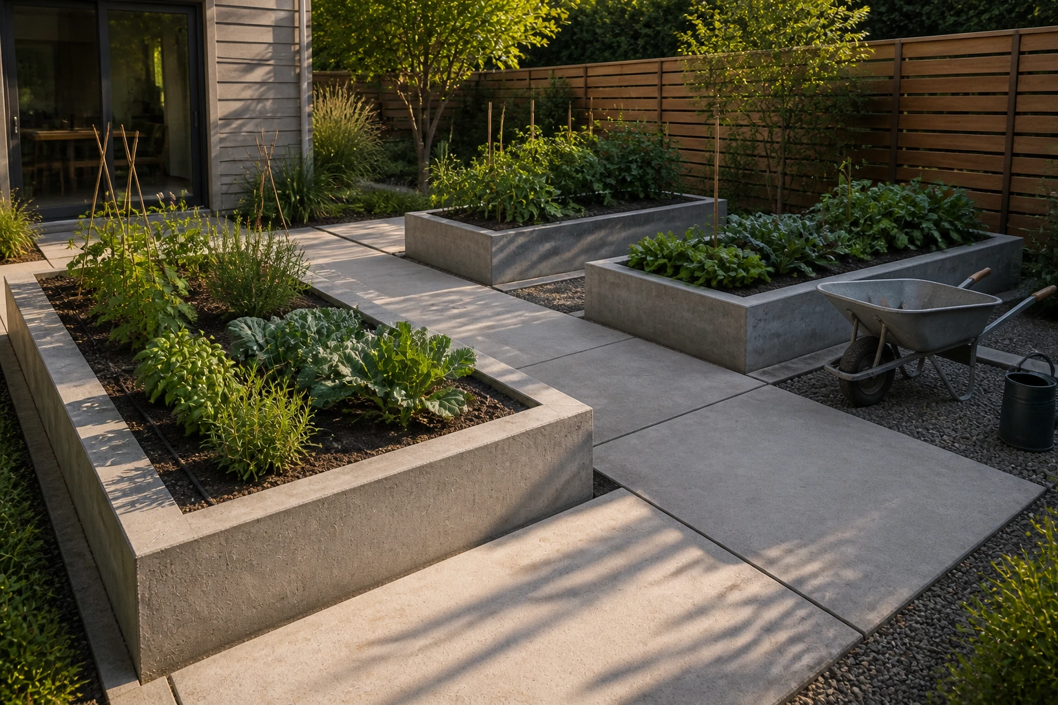 Concrete border framing a small edible garden with tidy rows and clear paths.