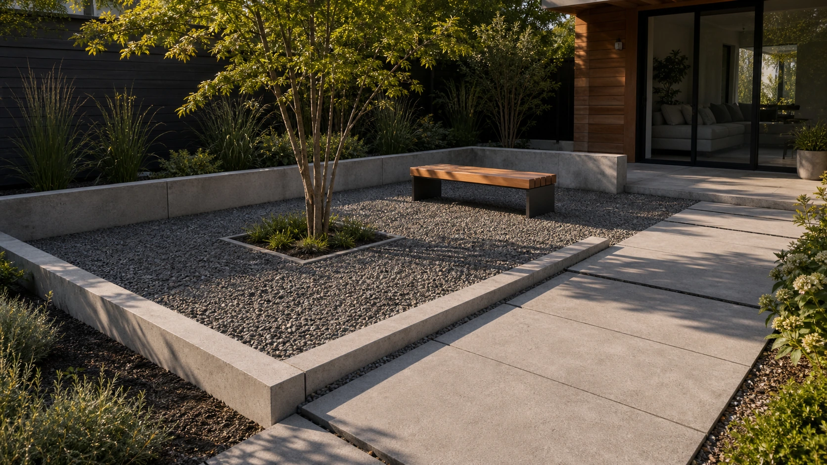 Concrete edge containing a compact gravel courtyard and keeping stone off the lawn.
