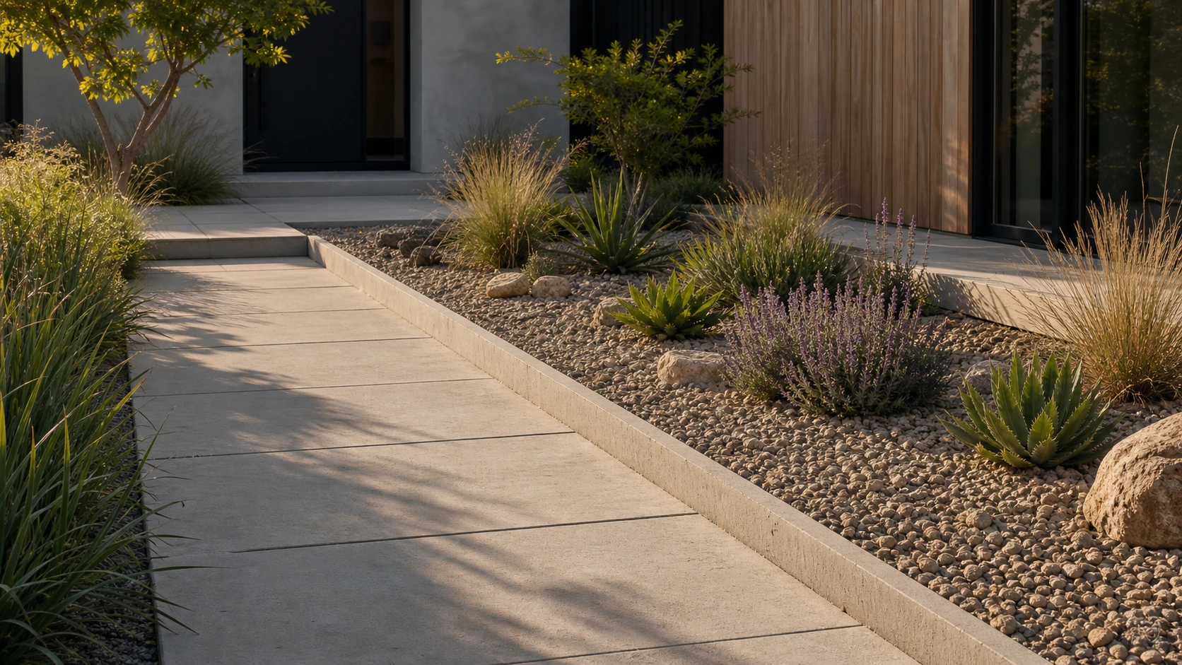 Concrete containment edge running beside a gravel path to hold the material in place.