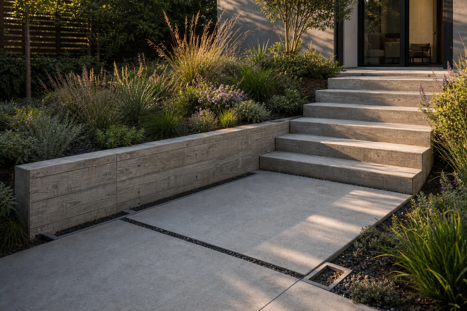 Concrete landing held by a low retaining edge where the yard steps down.