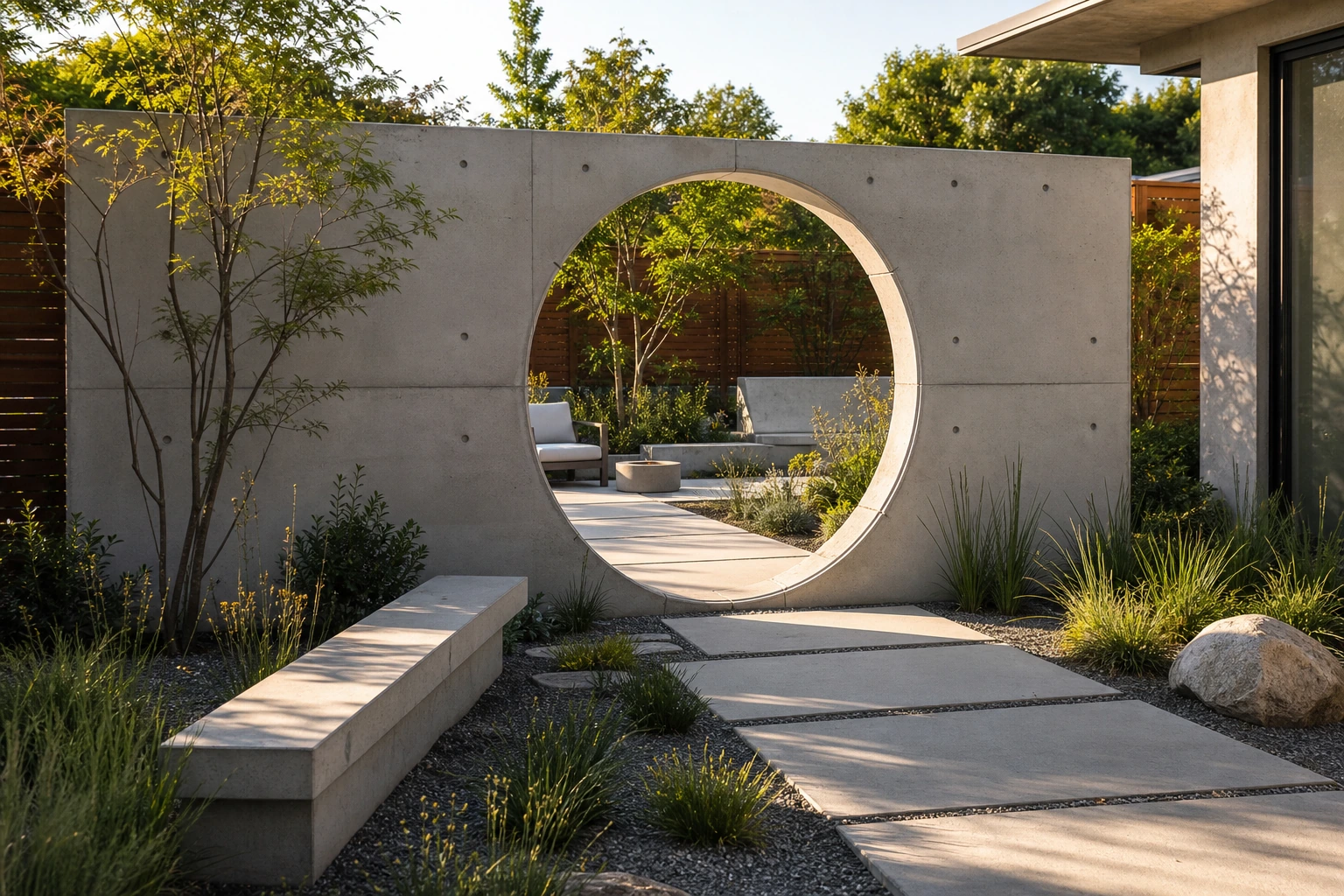 Sculptural concrete moon gate framing the view into a quiet garden court.