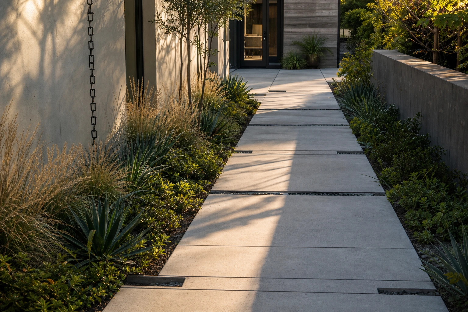 Concrete planting grid set into a garden path, alternating pavers and planted joints.