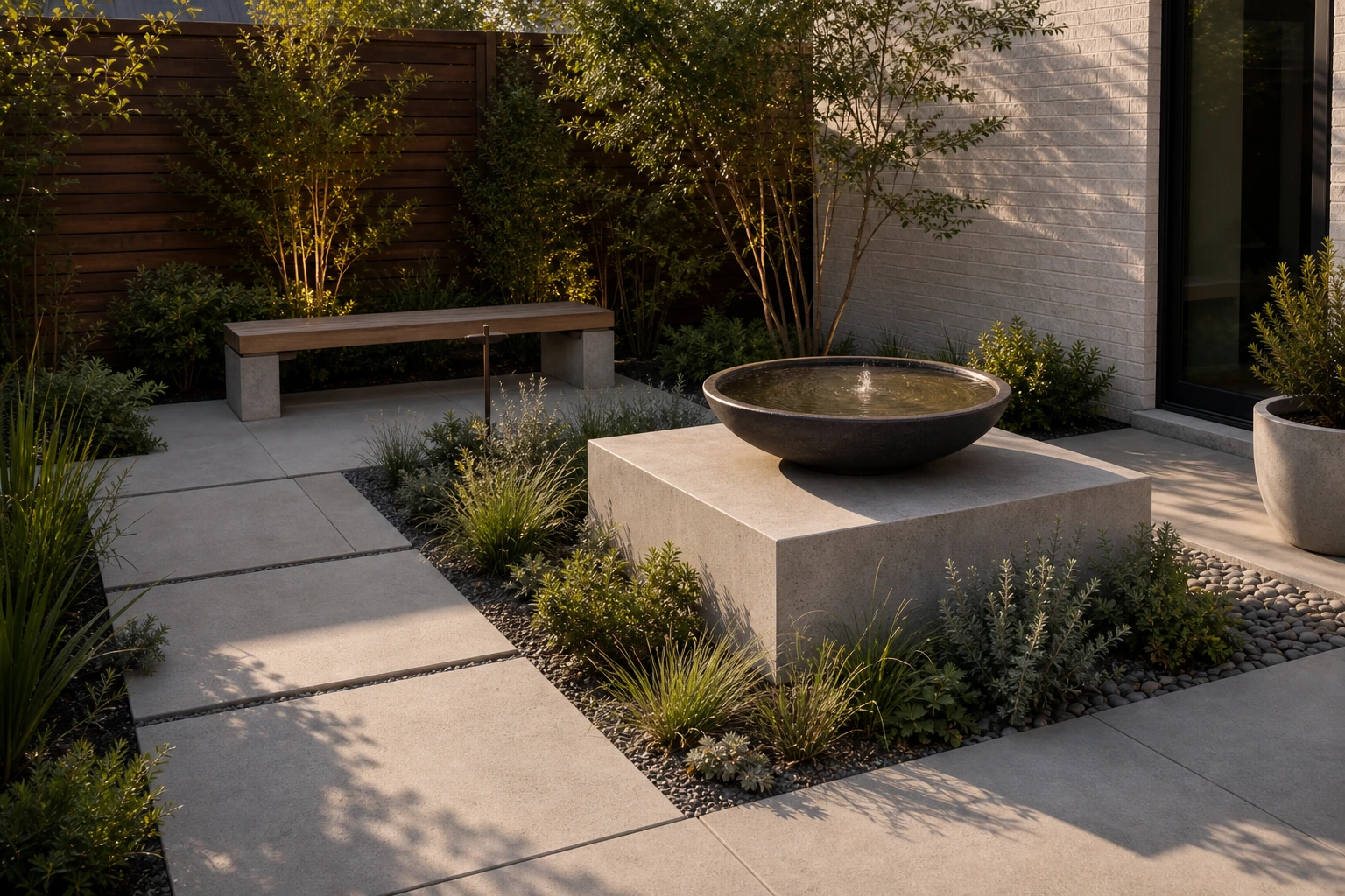 Concrete plinth prepared as a sculpture-ready focal point within a garden bed.