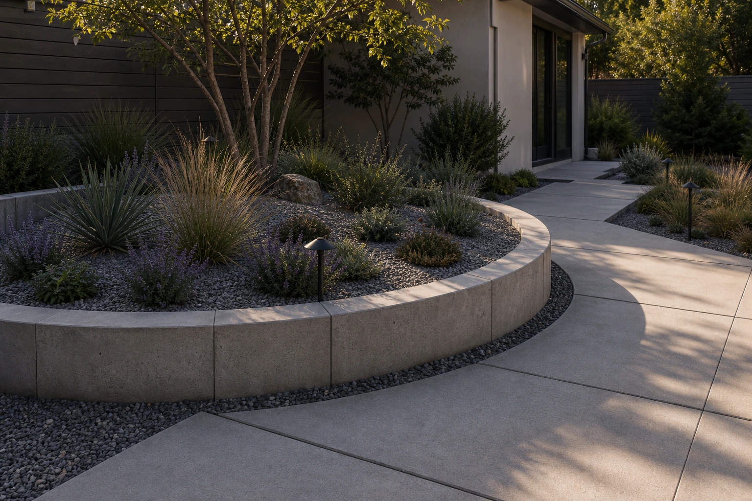 Concrete seat wall wrapping a dining terrace to add seating without extra furniture.