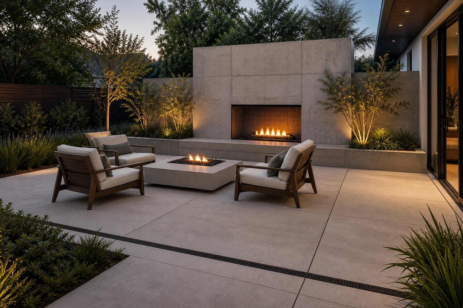 Courtyard concrete fireplace wall flanked by planted side bands for a sheltered corner.