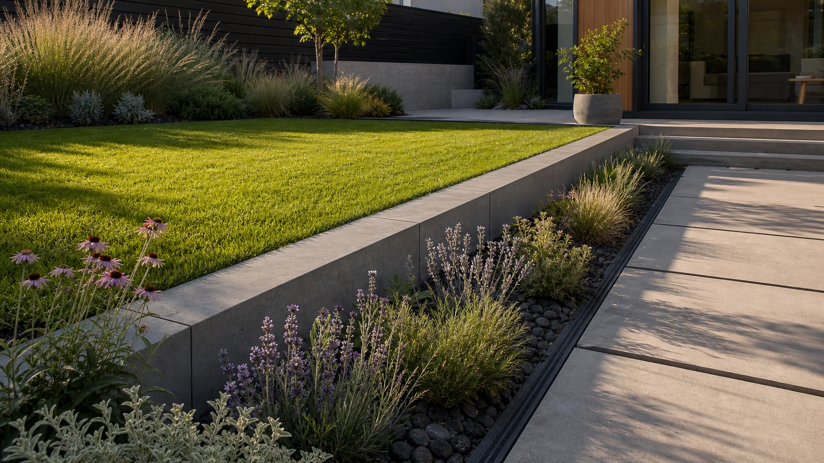 Crisp concrete lawn edge separating turf from a planted garden border cleanly.