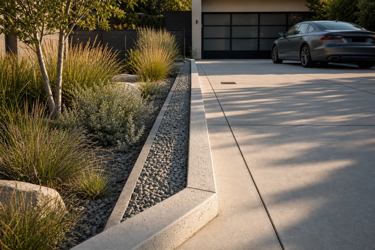 Low concrete curb defining a driveway edge and protecting an adjacent planting strip.