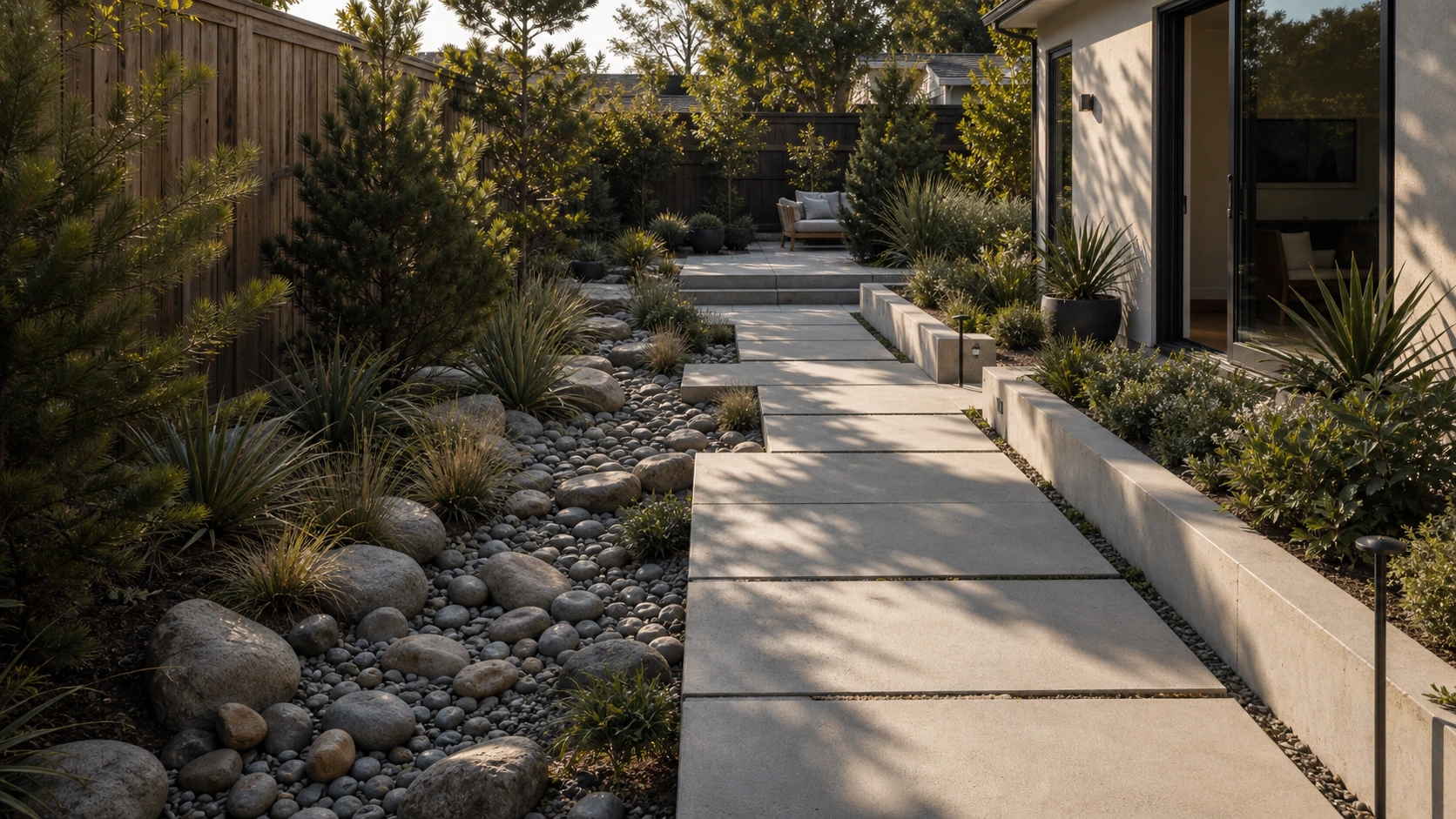 Concrete garden path edged by a dry-creek bed that manages occasional heavy runoff.