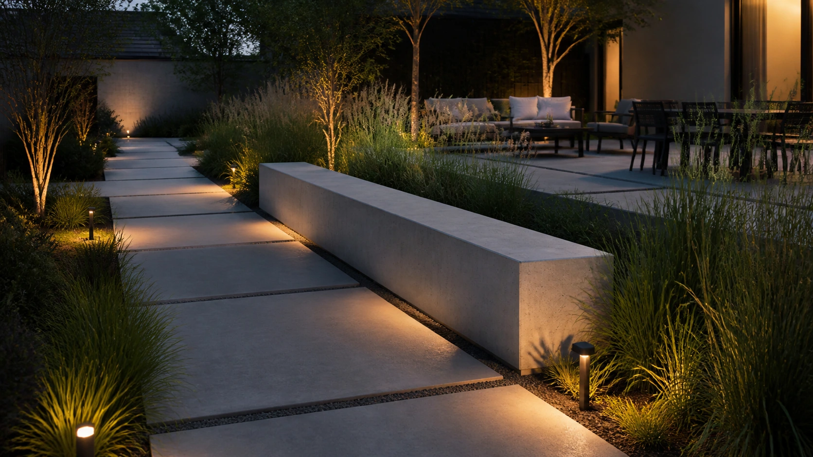 Concrete bench wall with low integrated lighting for evening use in a small garden.