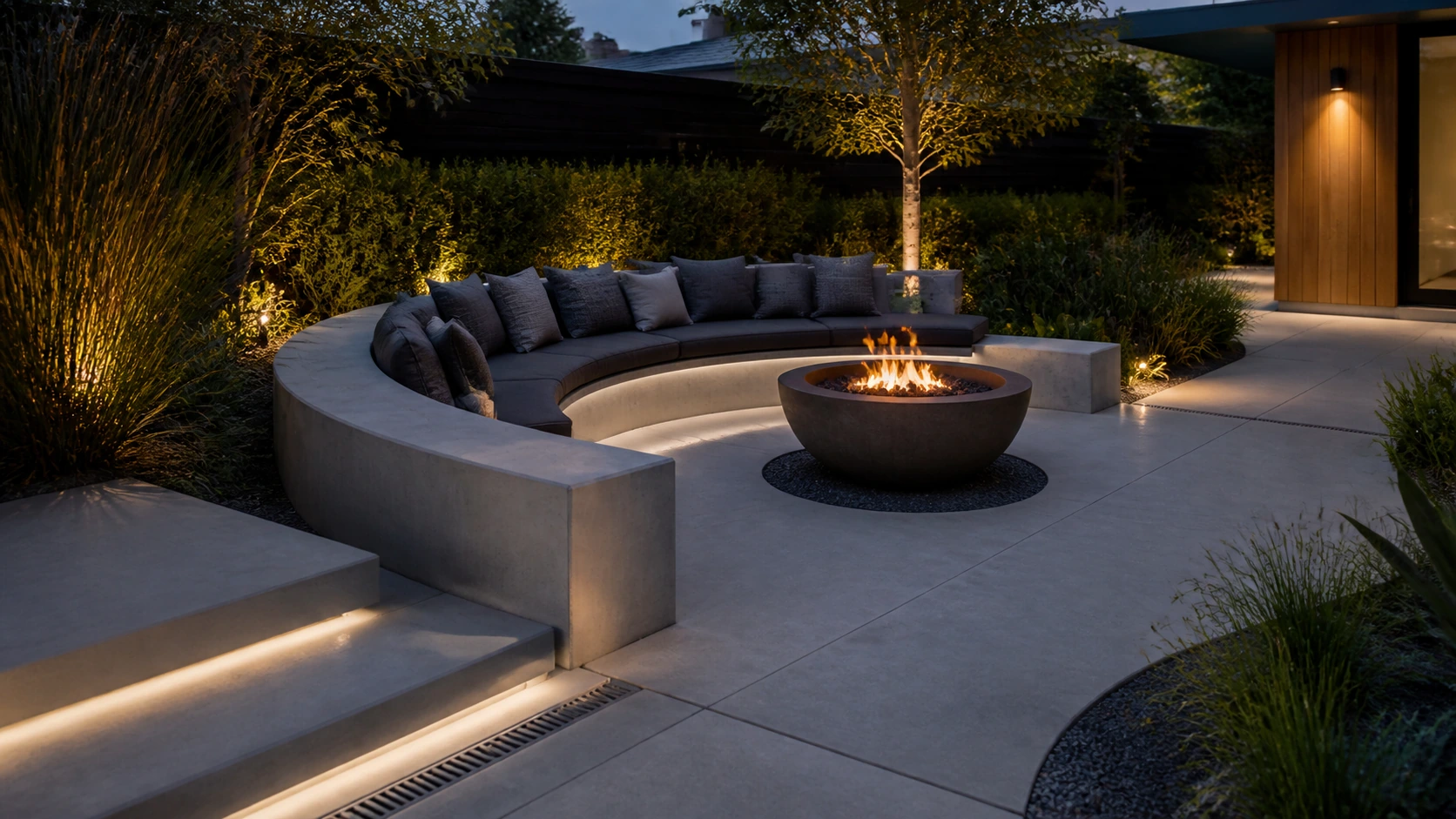 Fire lounge wrapped by a low concrete seating edge that gathers chairs around the flame.