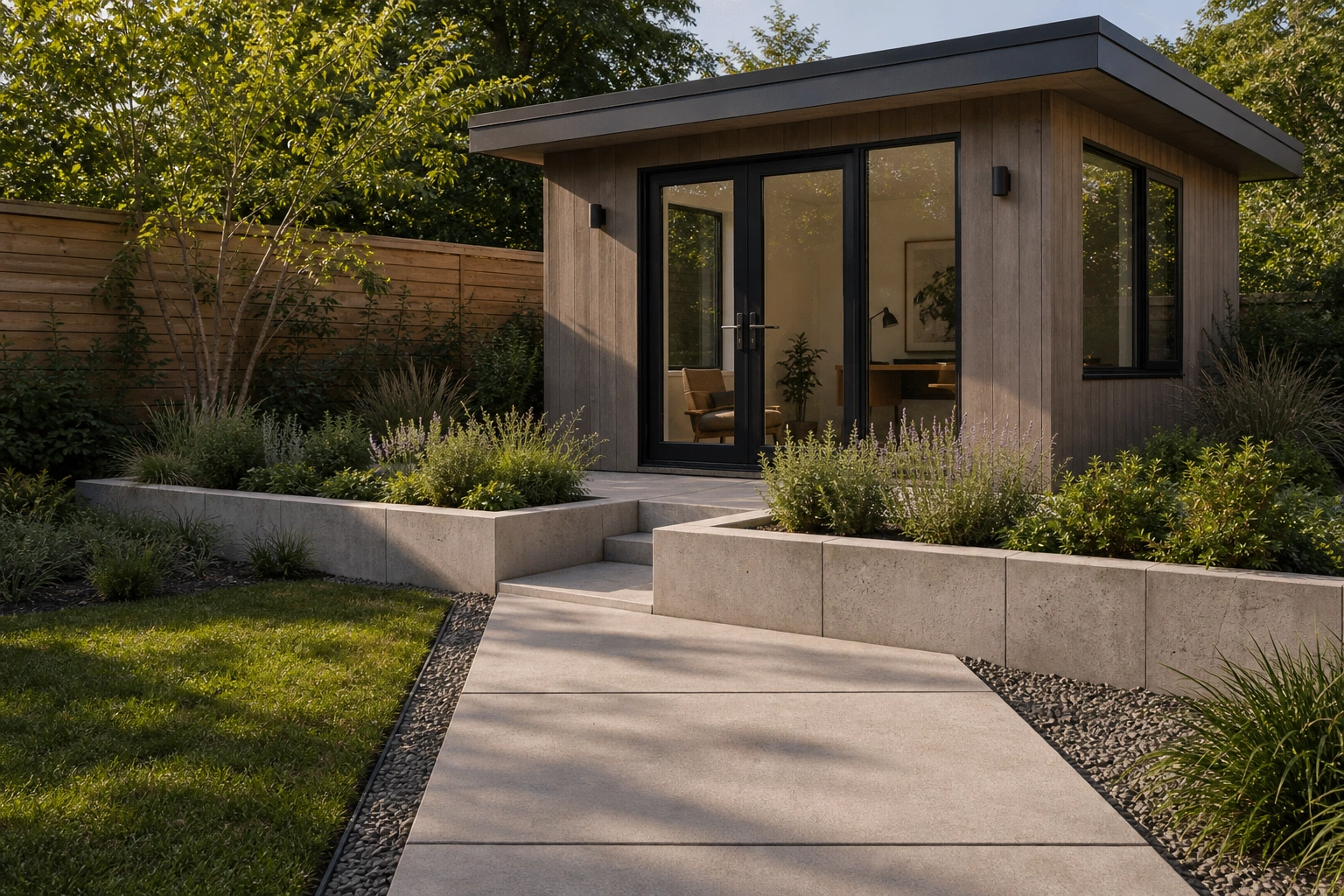 Garden room entered across a concrete planter threshold that frames the transition.
