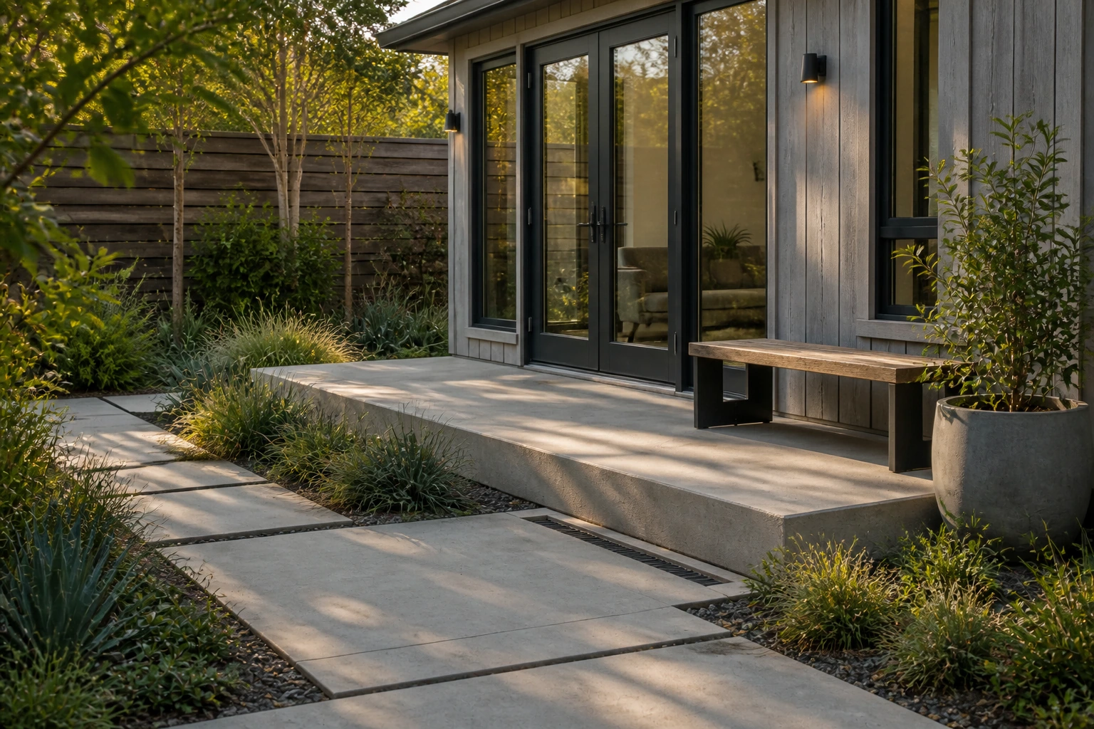 Garden-room concrete terrace resolving a shallow slope with a level sitting area.