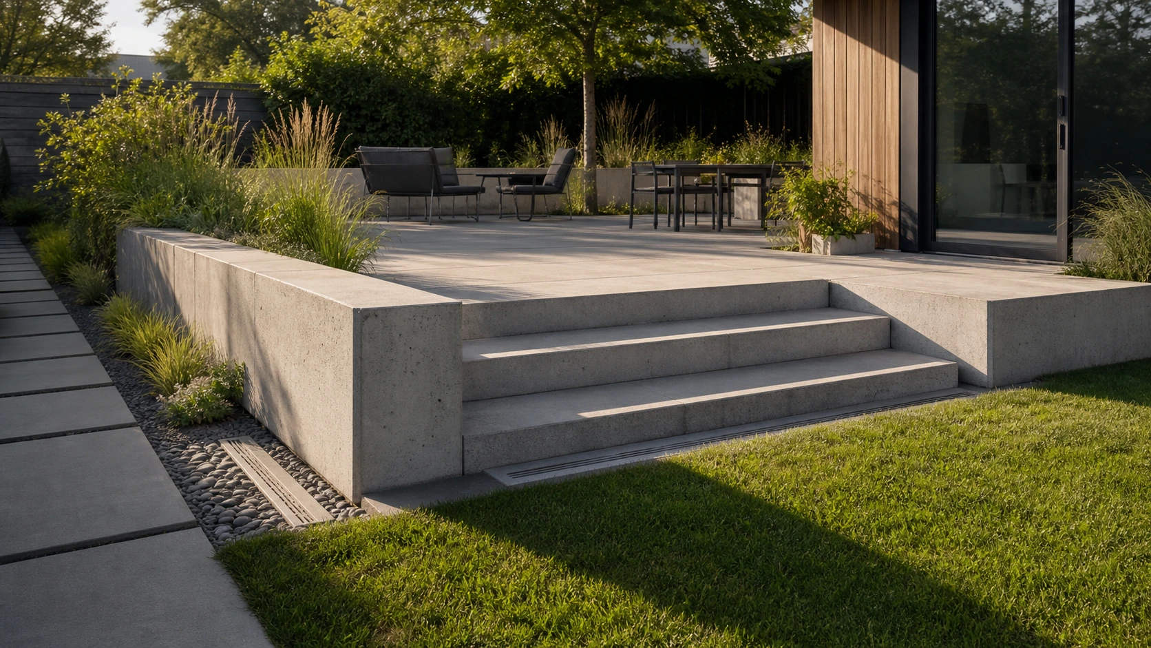 Garden seat wall paired with broad concrete steps that double as casual seating.
