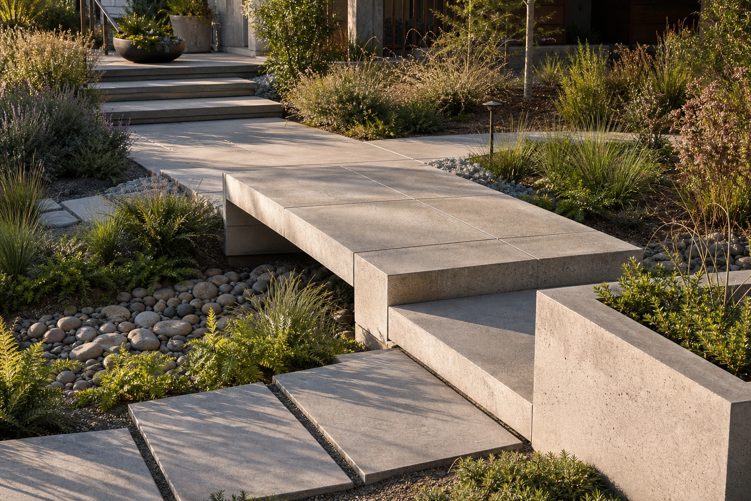 Drainage-aware garden transition where a concrete terrace meets a planted runoff route.