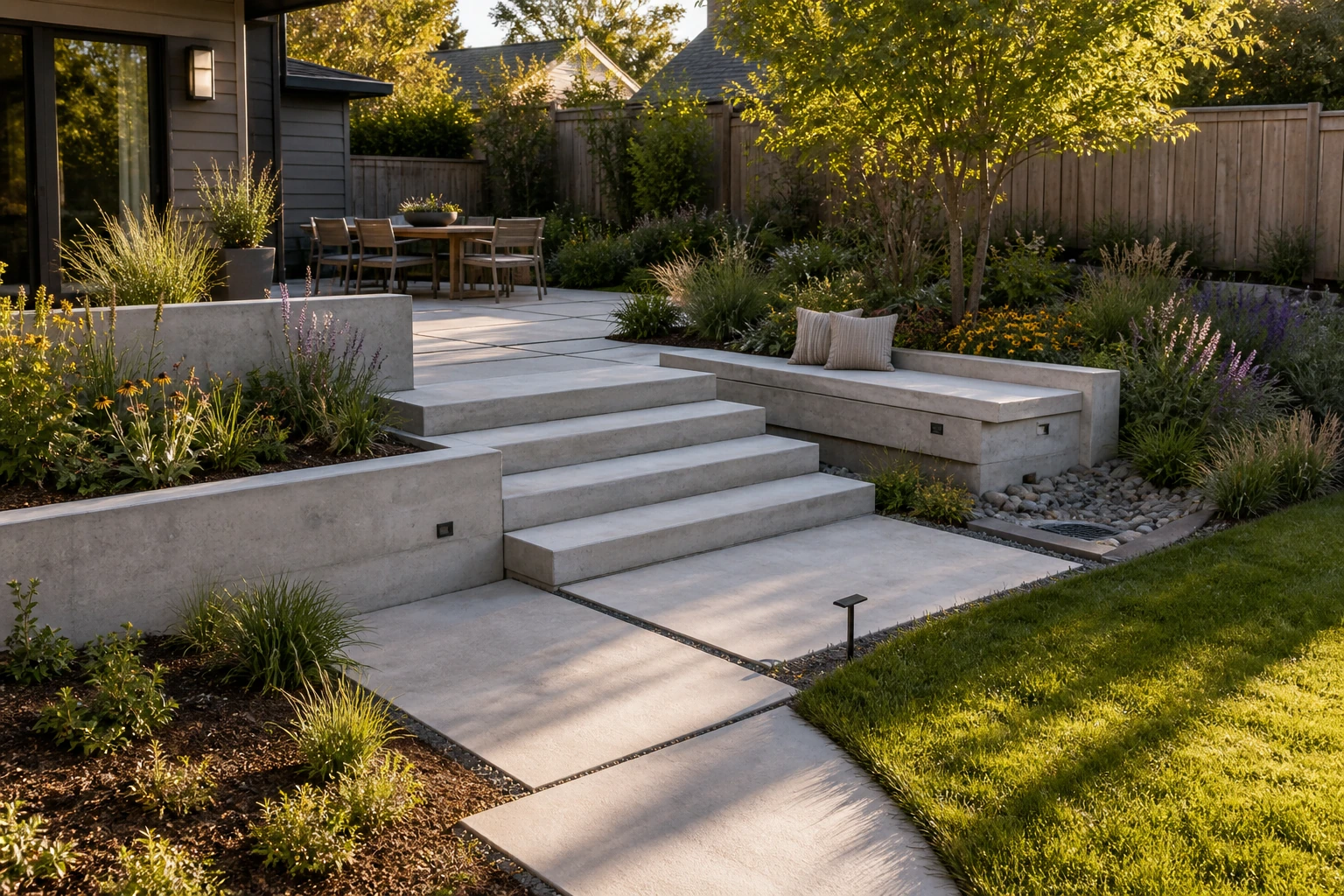 Modern concrete landscape composition with low planter walls, broad steps, layered planting, and drainage-aware garden transitions.