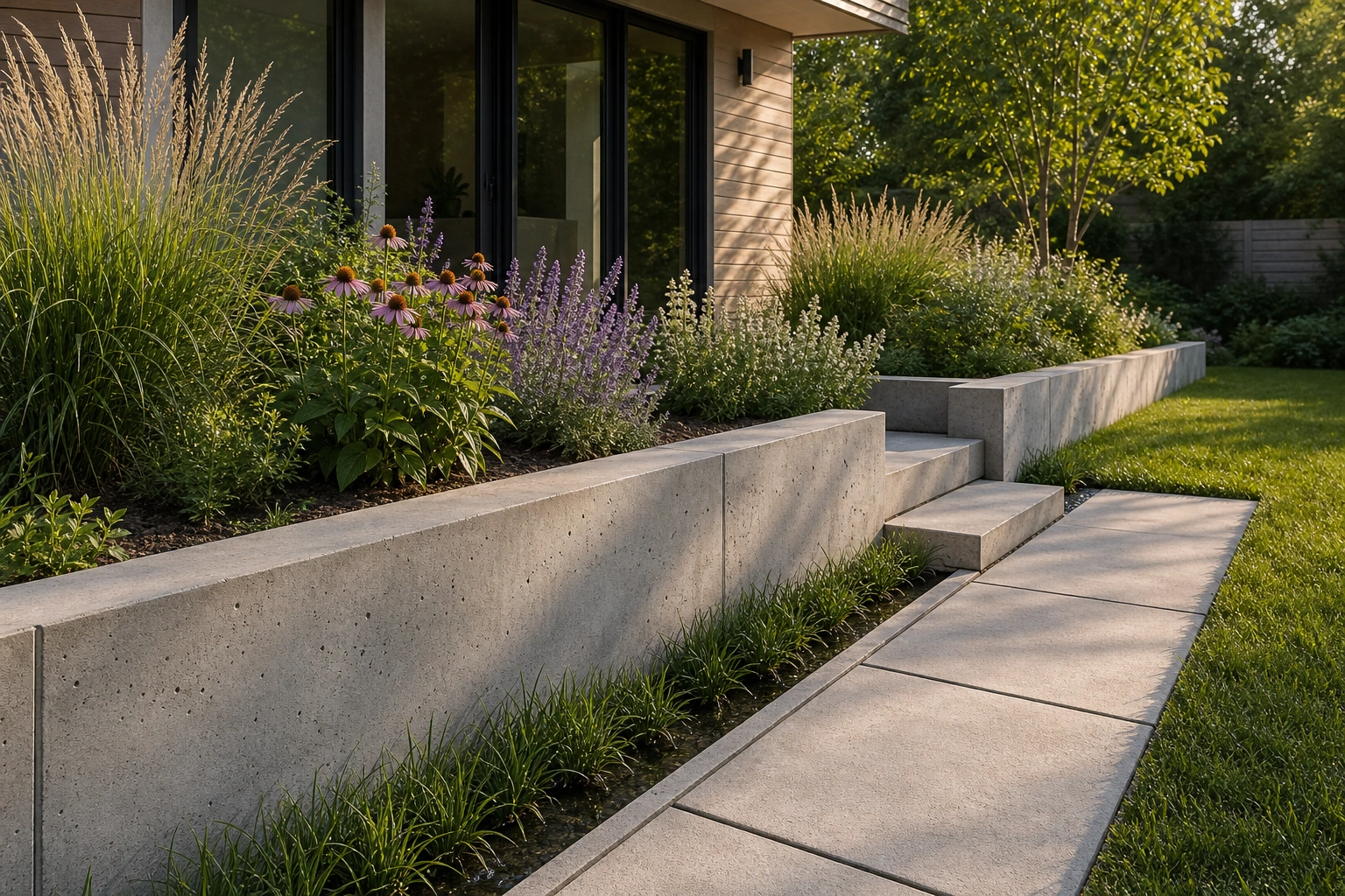 Low concrete-masonry edge holding a perennial bed in a structured planting layout.