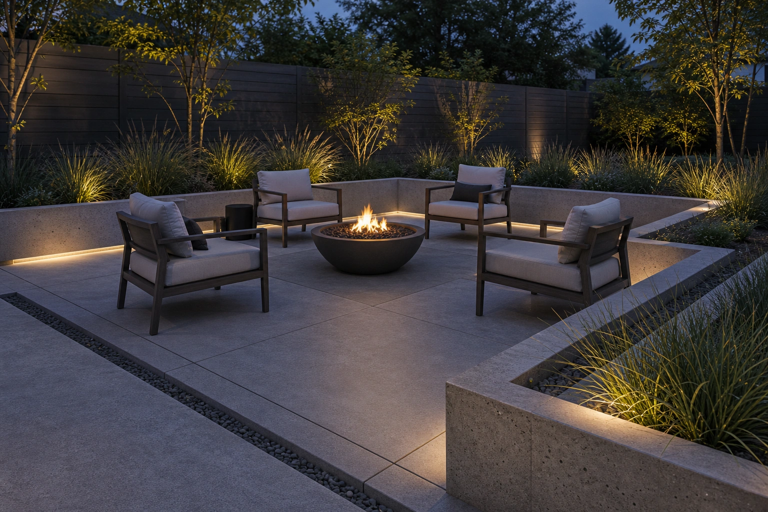 Low concrete planter border defining a fire lounge and separating it from planting.