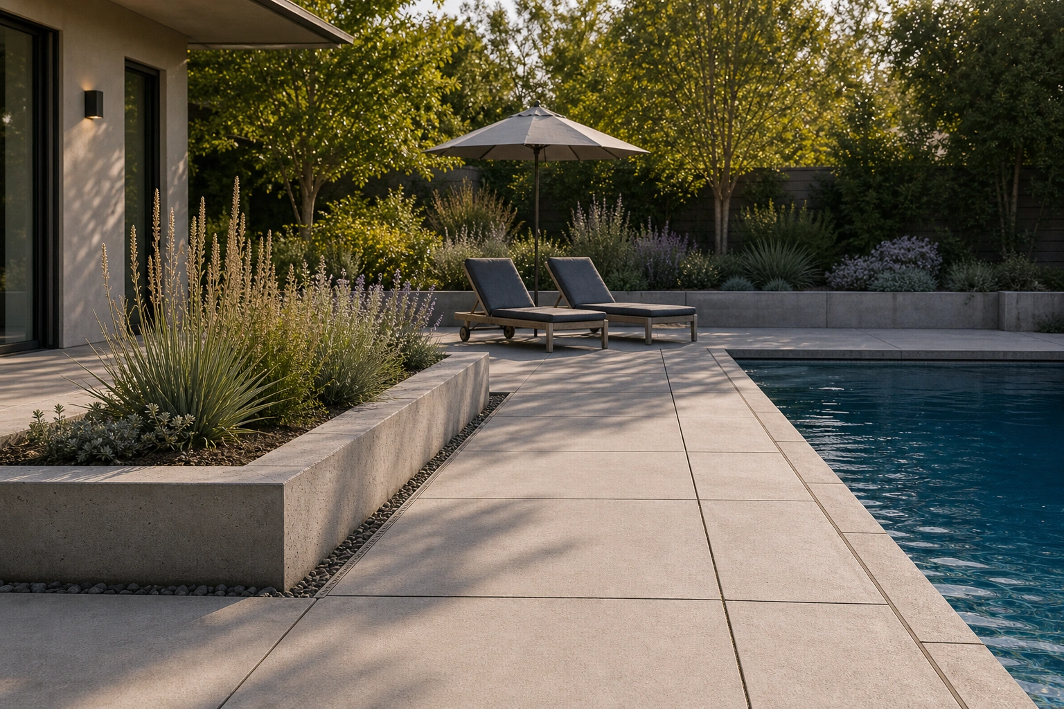 Low concrete planter edge beside a pool terrace holding ornamental grasses.