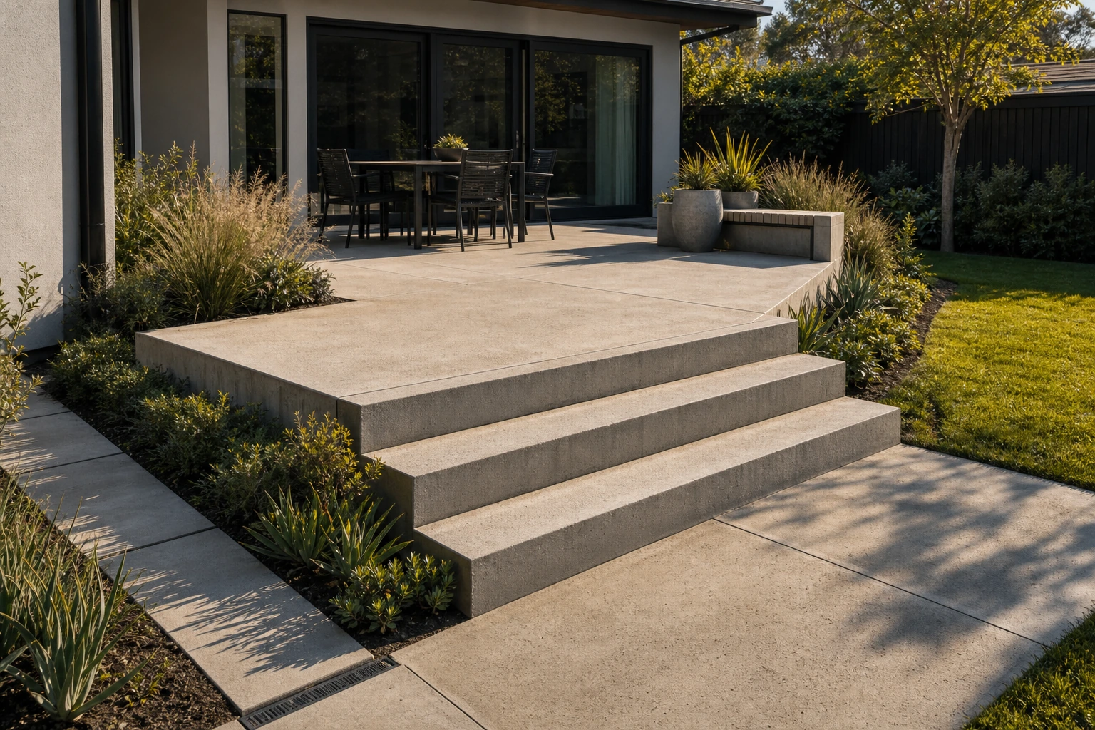 Low concrete terrace joined to broad garden steps that ease a gentle grade change.