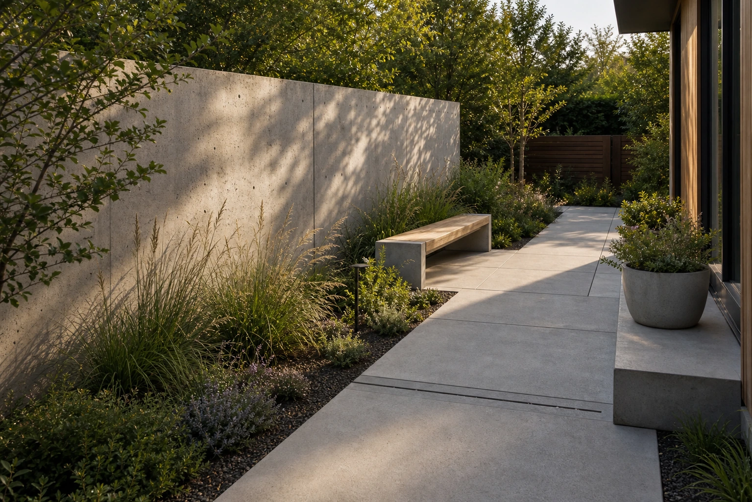 Low concrete water bowl set as a still focal point in a planted garden court.