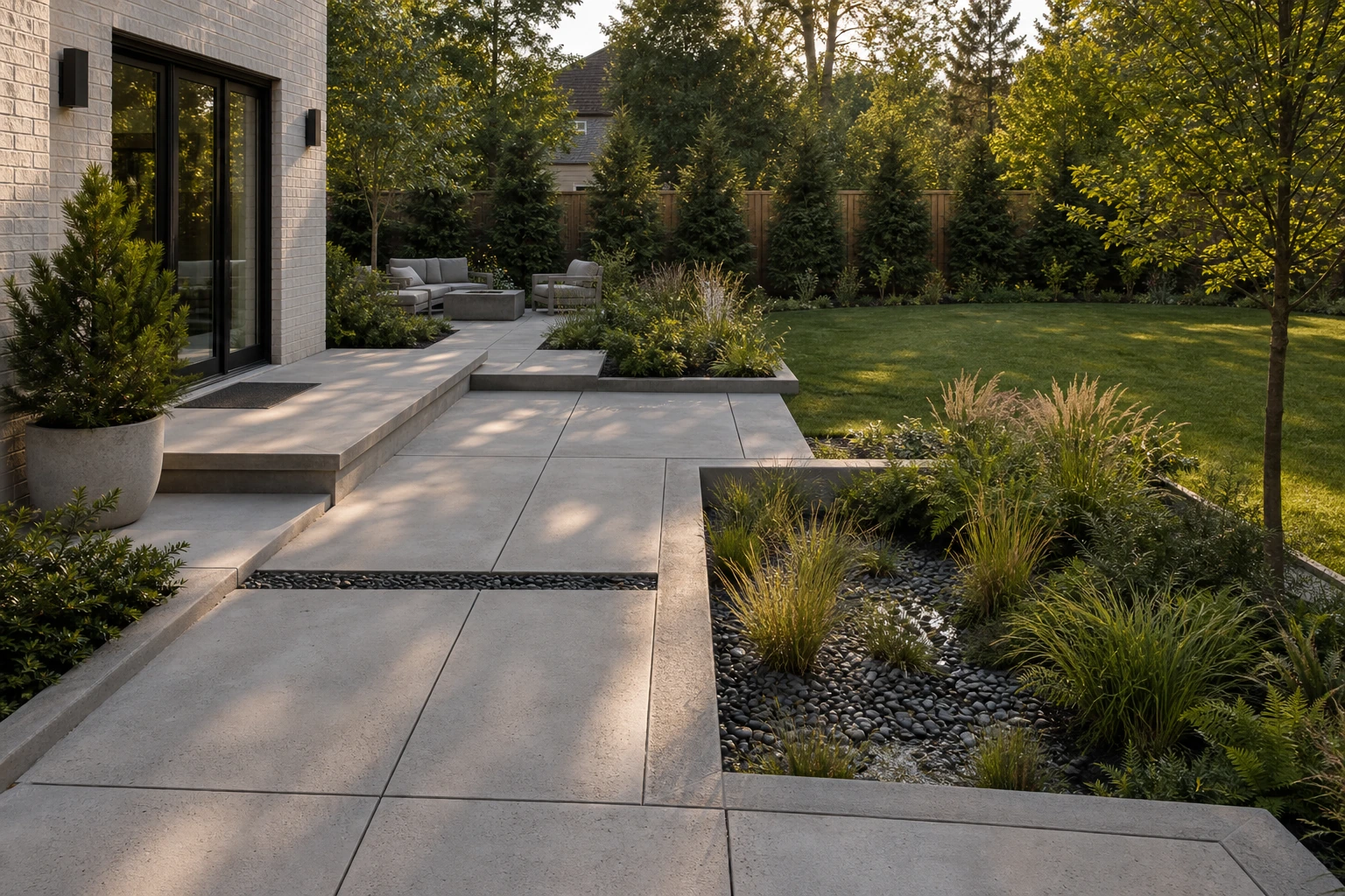 Minimal concrete art wall anchoring a courtyard as a calm focal feature.