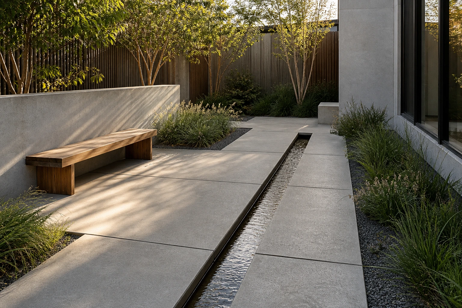Minimal concrete courtyard with a slim water rill drawing a quiet line through the space.