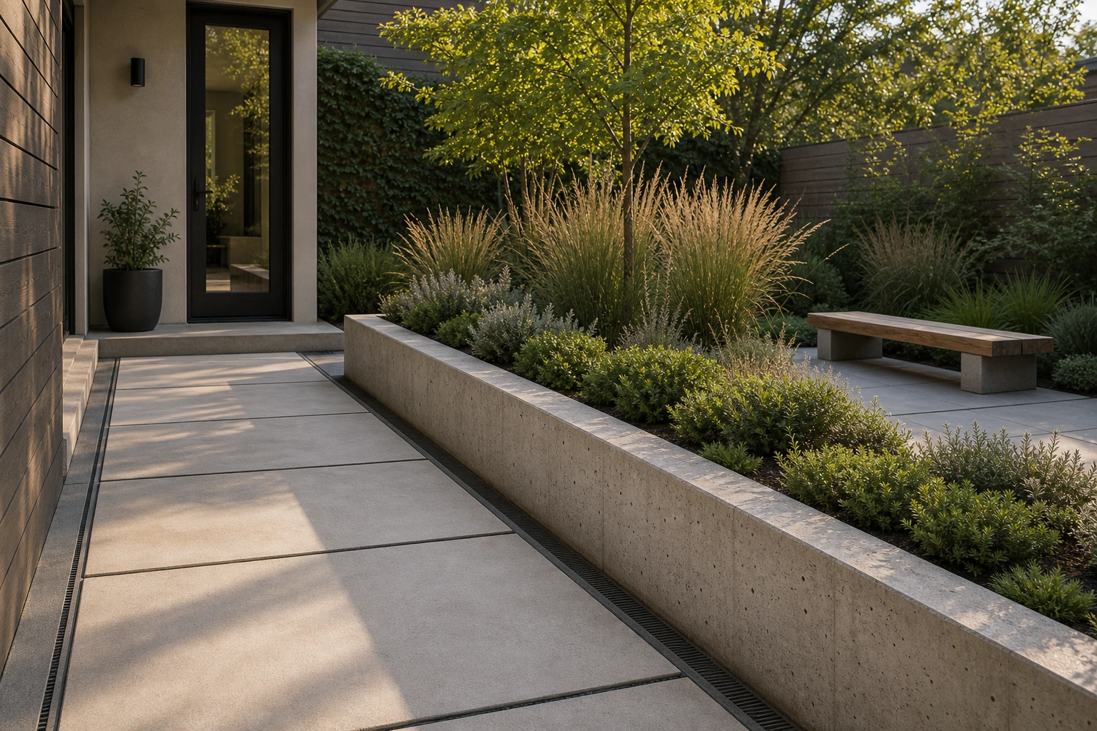 Modern courtyard entry defined by a low concrete planter wall and structured planting.