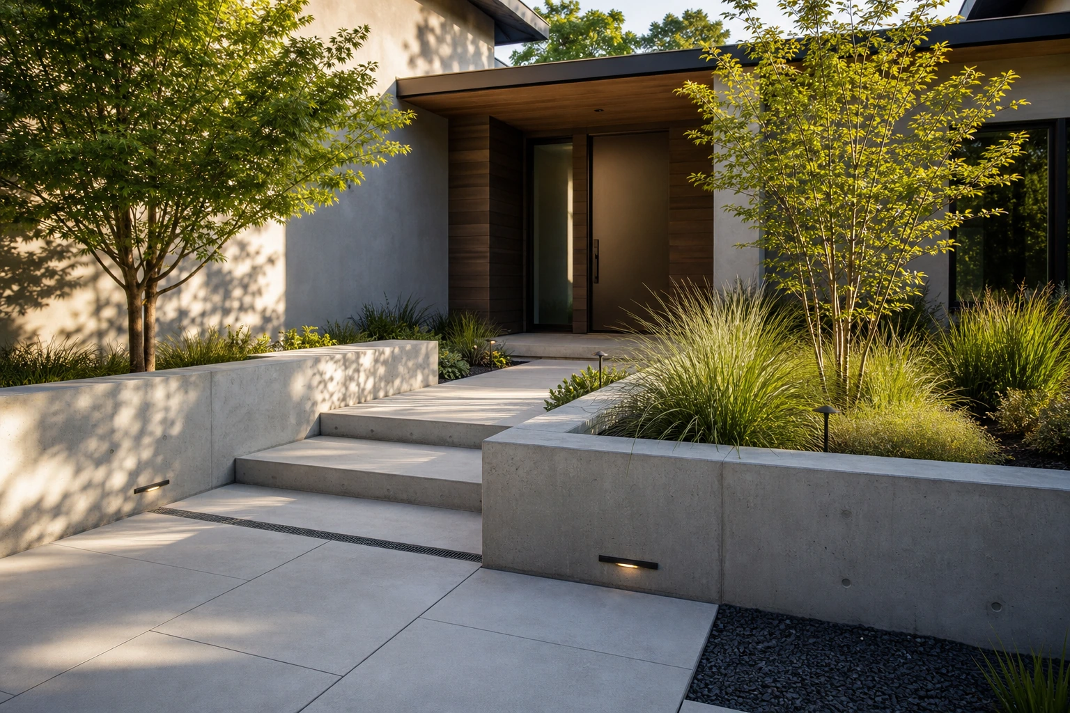 Modern entry court framed by a low concrete feature wall and structured planting.