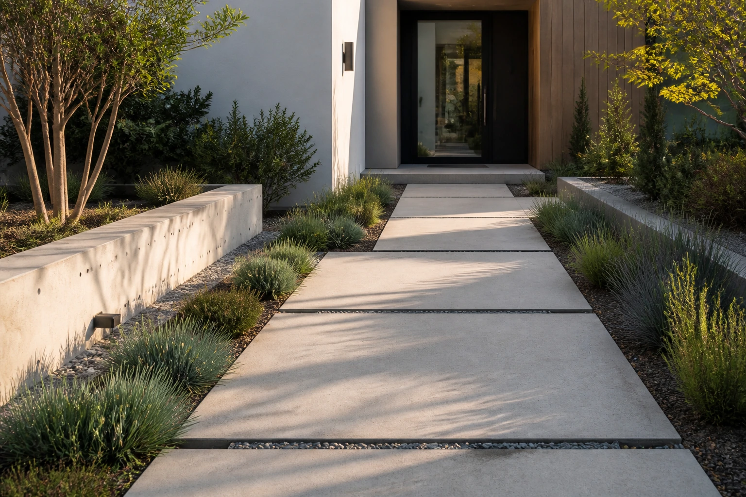 Modern entry with low concrete planting ribbons weaving between paved bands.