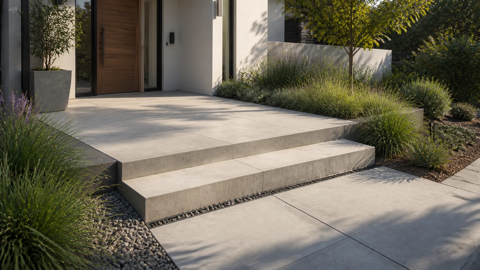 Modern entry terrace resolved with a single broad concrete step at the threshold.