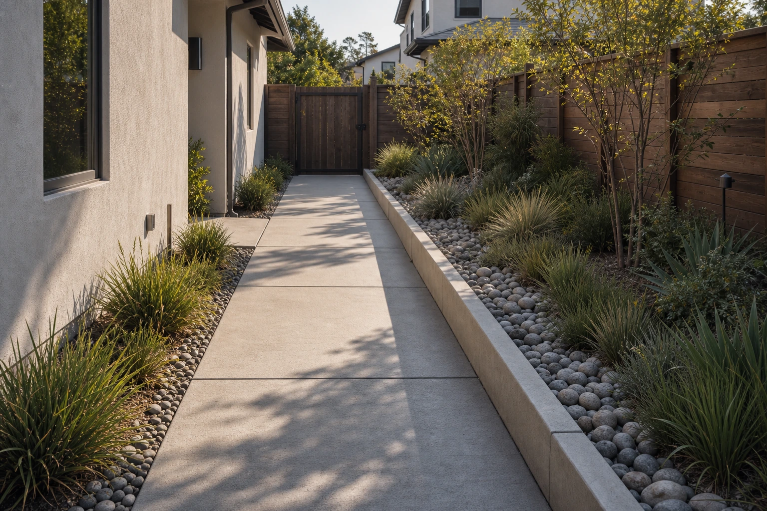 Narrow planted swale beside a side-yard concrete slab carrying water away from the house.