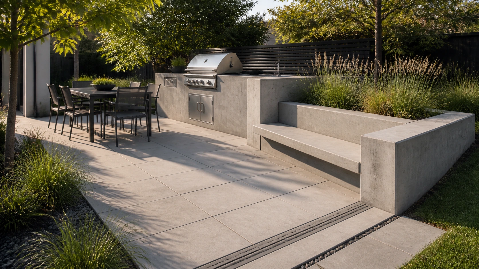 Outdoor kitchen court anchored by a concrete bench that extends the seating.