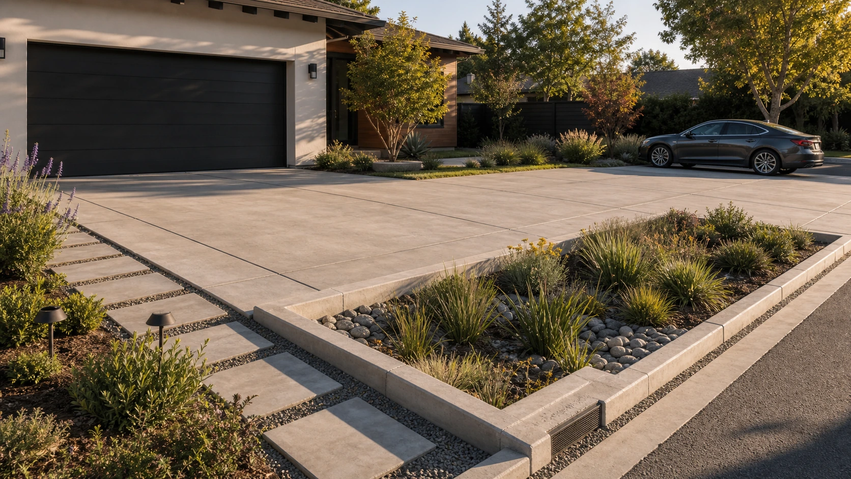 Planted inlet at a concrete driveway edge directing runoff into a garden basin.