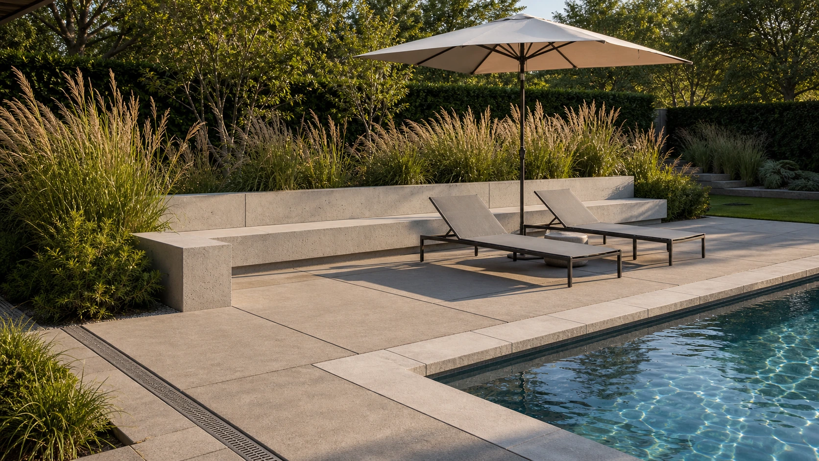 Pool terrace with a concrete bench wall and shade anchoring a quiet seating zone.