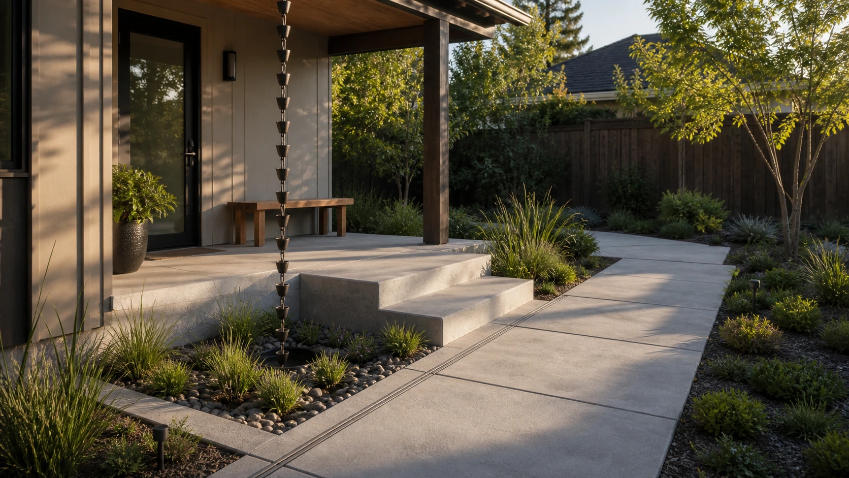Rain chain dropping onto a concrete landing that drains into a planted basin.