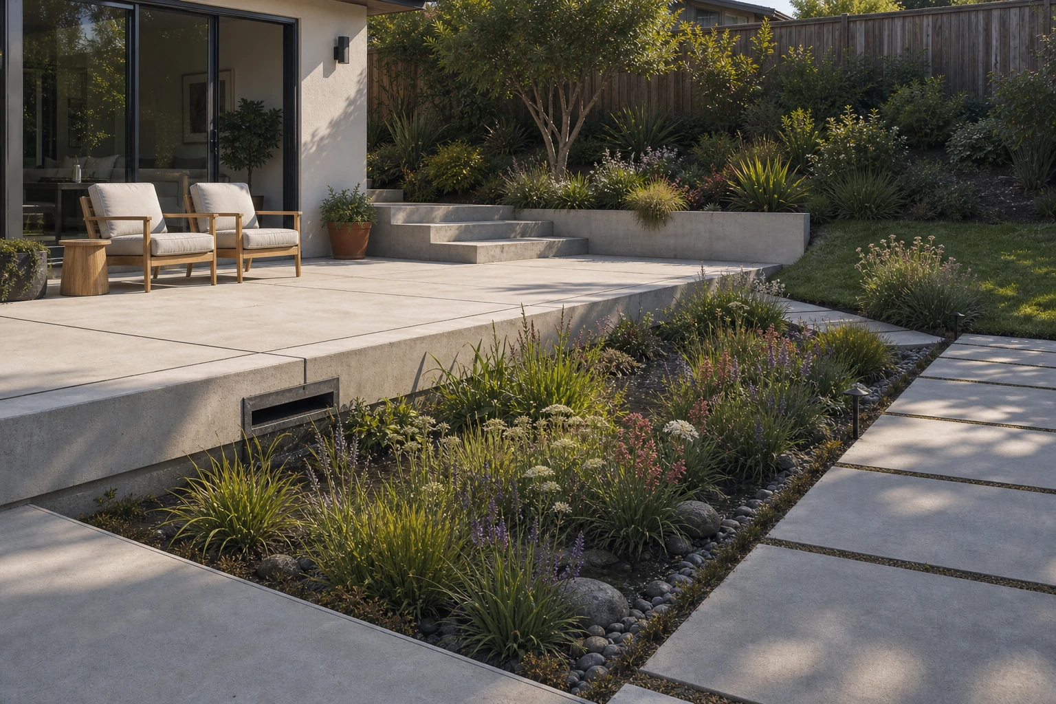 Planted rain-garden edge set just below a concrete terrace to catch and slow runoff.