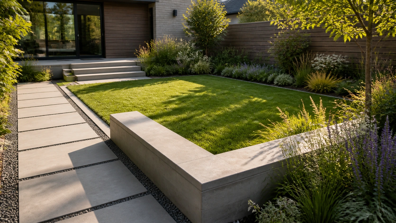 Low concrete seat wall edging a small lawn terrace for a compact backyard.