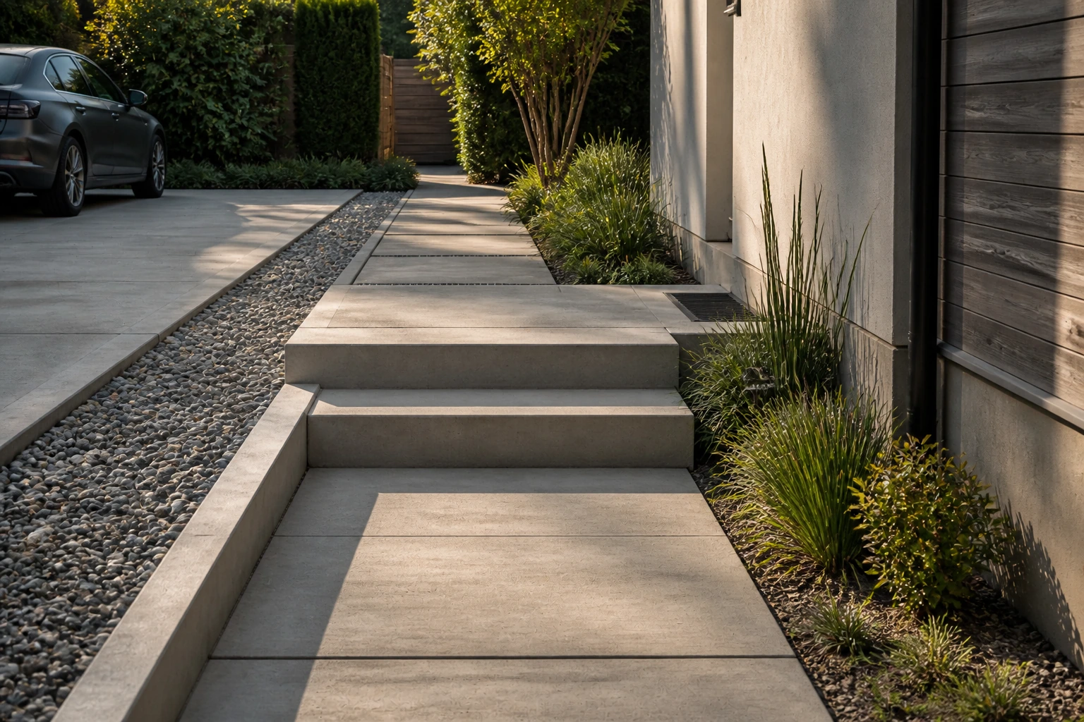 Side-yard concrete grade transition handled with a short run of even steps.