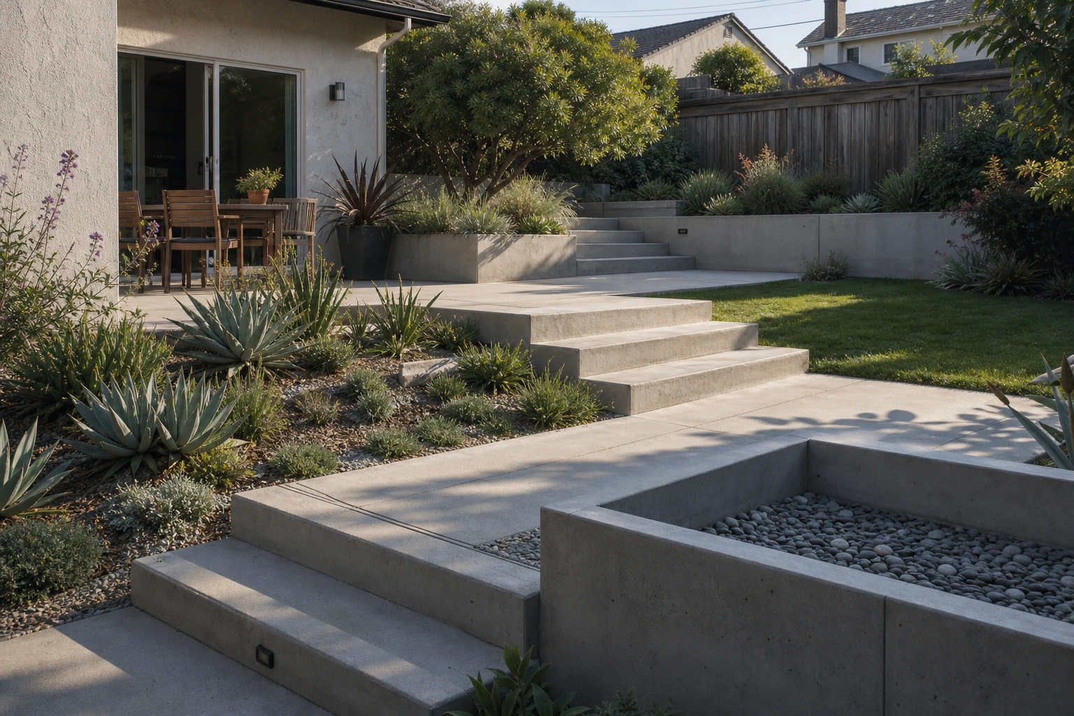 Sloped backyard organized by low concrete terraced edges into usable planting tiers.