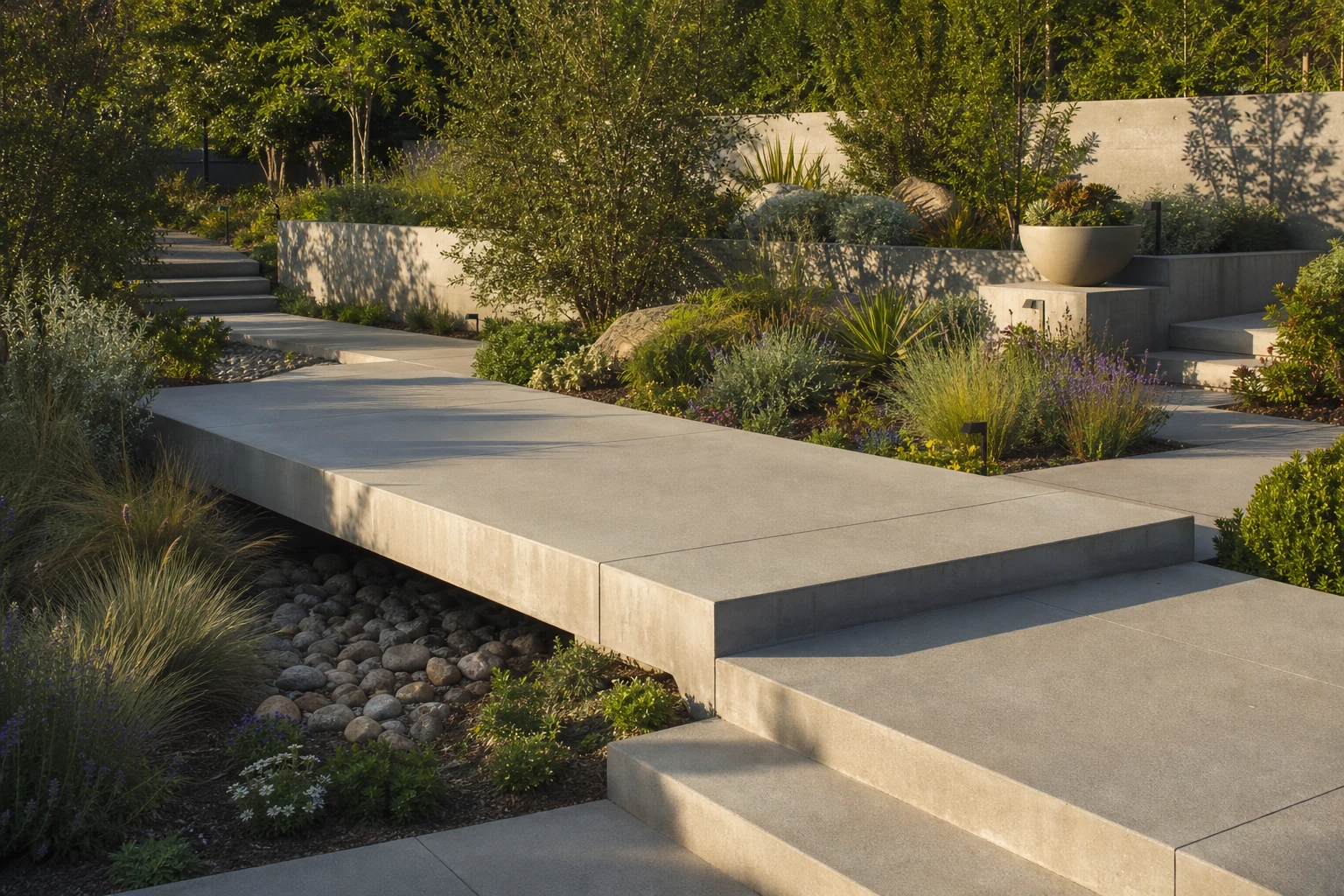 Small concrete bridge crossing a shallow garden swale on a planted route.