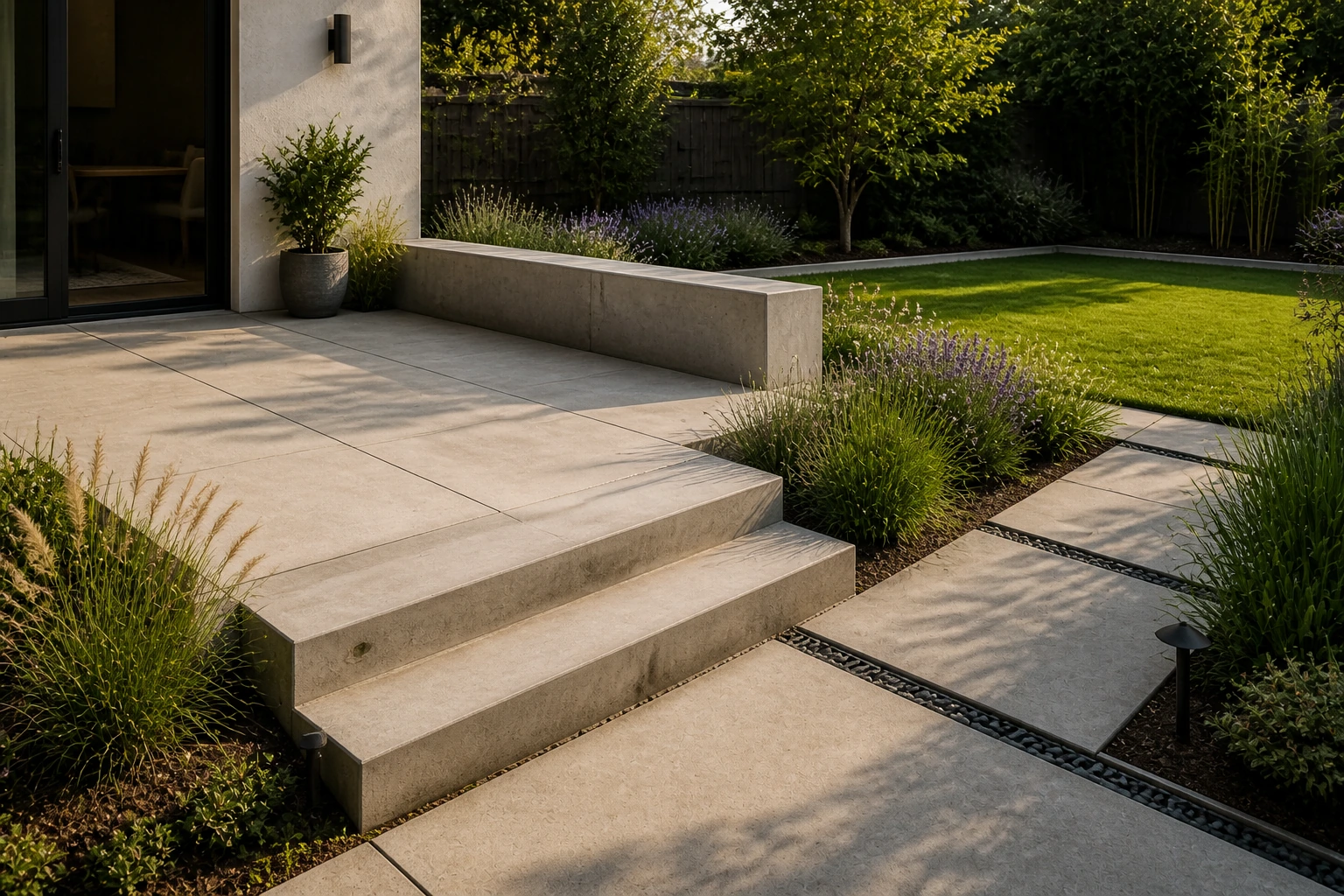 Small concrete terrace opening onto a lawn court for a compact, usable backyard.