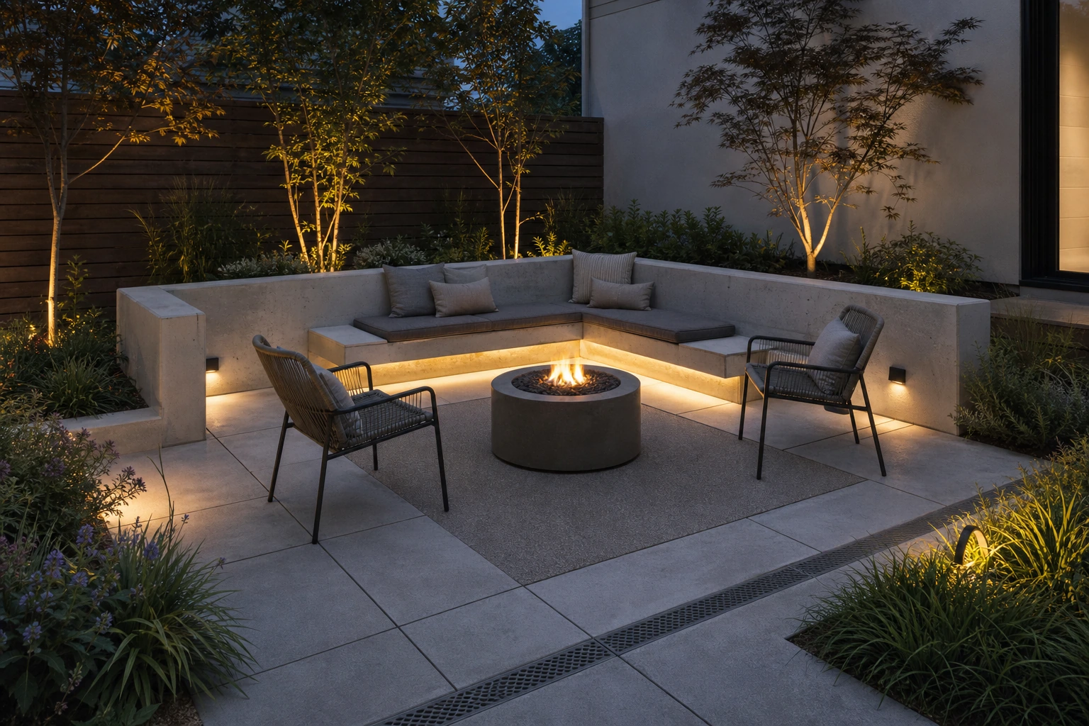 Small courtyard with a built-in concrete bench wall and restrained planting.