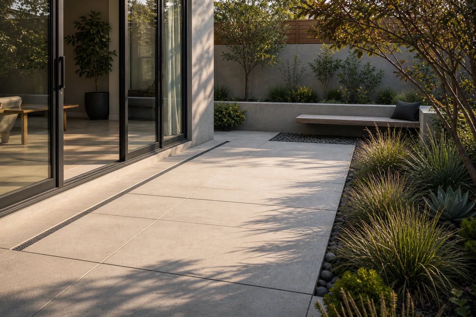 Small courtyard with a concrete slot drain set across the threshold for clean drainage.