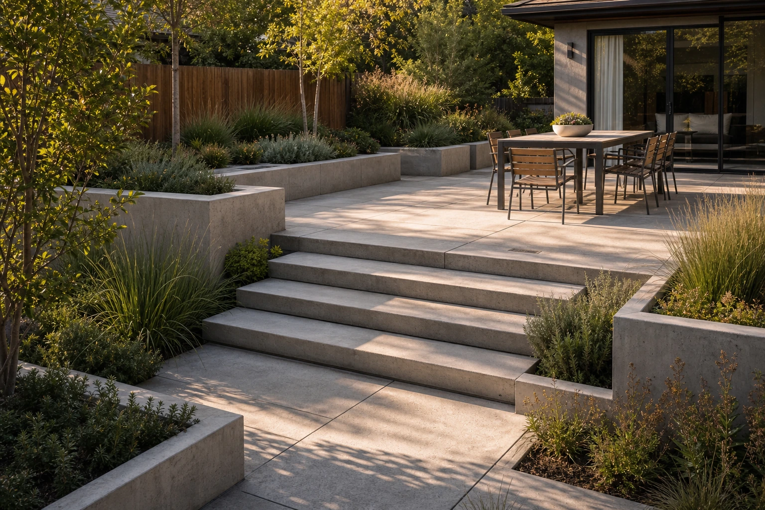 Split-level concrete courtyard connecting two grades with soft, layered planting.
