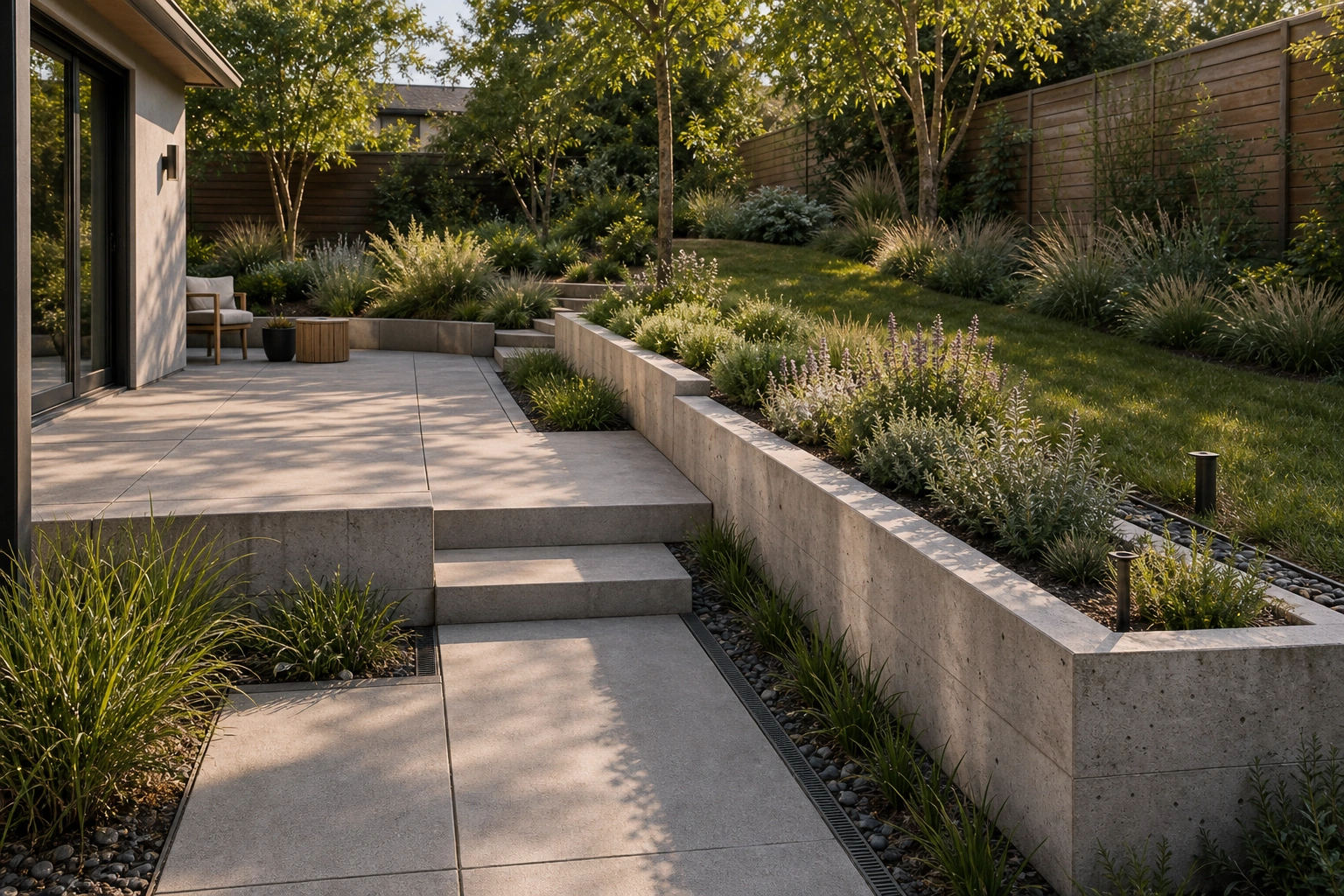 Stepped concrete planter wall managing a gentle slope with tiered planting beds.