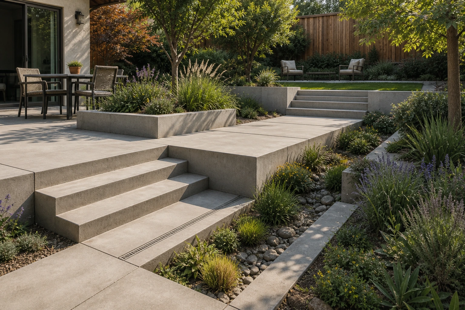 Stepping concrete terrace guiding water along a planted runoff route down a slope.