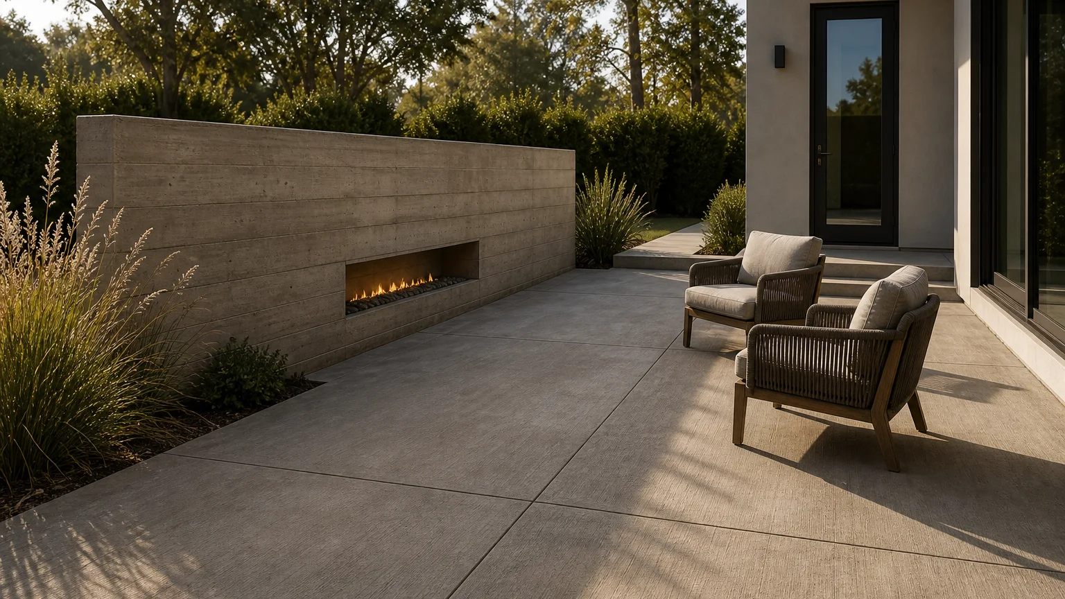 Concrete patio with a low board-formed fire wall, lounge seating, and native grasses.